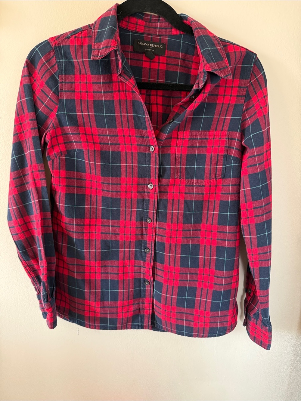 Banana Republic Red and Navy Plaid Button-Down Shirt